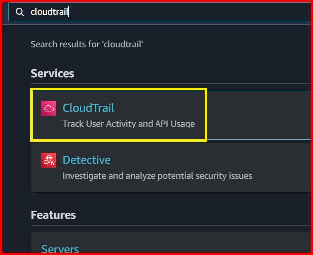 Picture showing the CloudTrail option in the search result of the AWS console